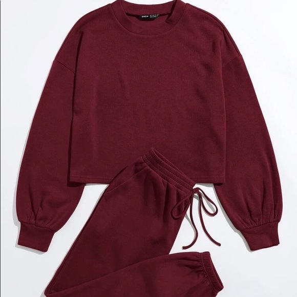 Women’s Maroon Drop Shoulder Solid Pullover & Sweatpants Set